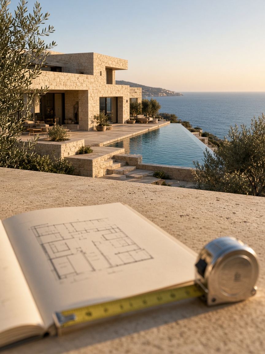 Terraza de una villa en la Costa del Sol: plano, piscina y mar